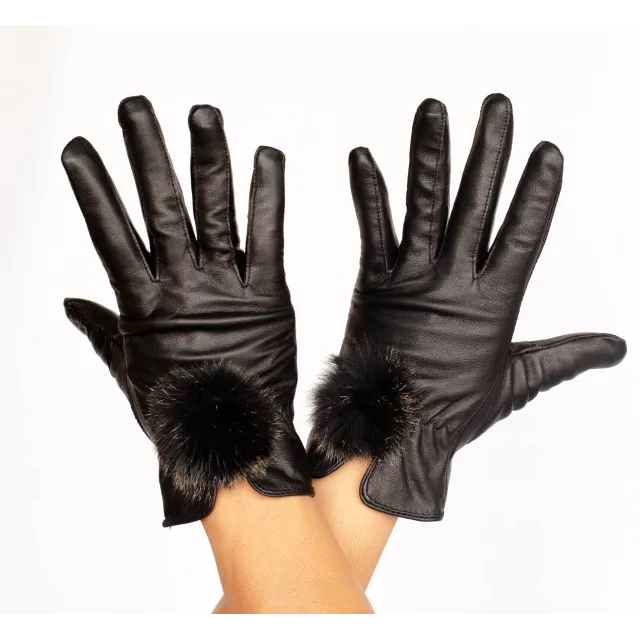 Gants femme cuir pompon fourrure - Chapeaux western artisanal