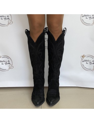 Bottes cowboy hautes daim noir femme - Accessoires pour chaussures