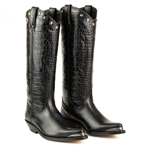 Bottes cowboy hautes cuir croco noir - Accessoires pour chaussures