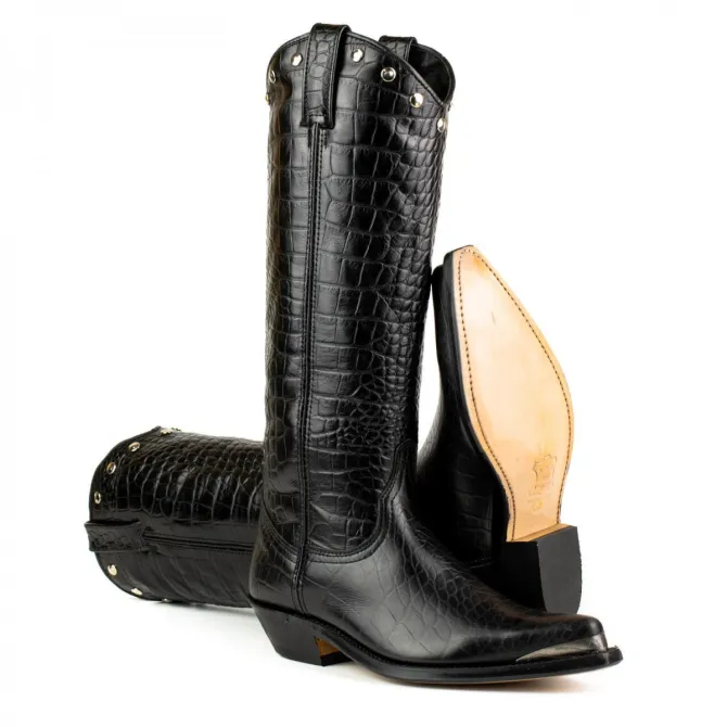 Bottes cowboy hautes cuir croco noir - Accessoires pour chaussures