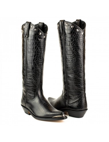 Bottes cowboy hautes cuir croco noir - Accessoires pour chaussures
