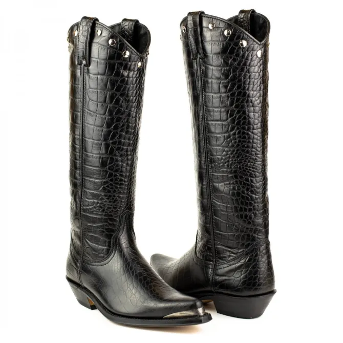 Bottes cowboy hautes cuir croco noir - Accessoires pour chaussures