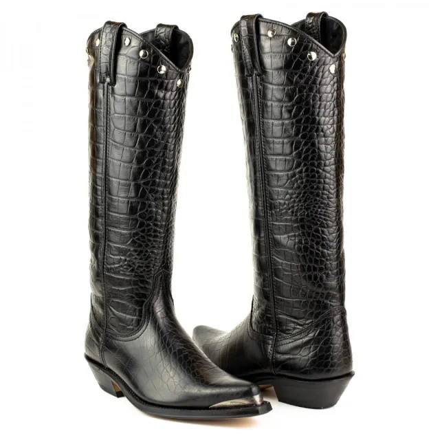 Bottes cowboy hautes cuir croco noir - Accessoires pour chaussures