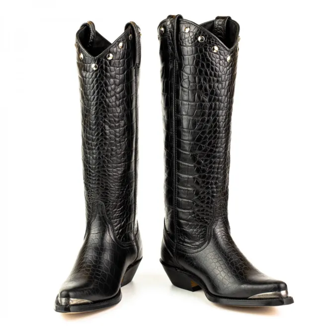 Bottes cowboy hautes cuir croco noir - Accessoires pour chaussures