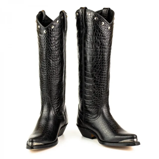 Bottes cowboy hautes cuir croco noir - Accessoires pour chaussures